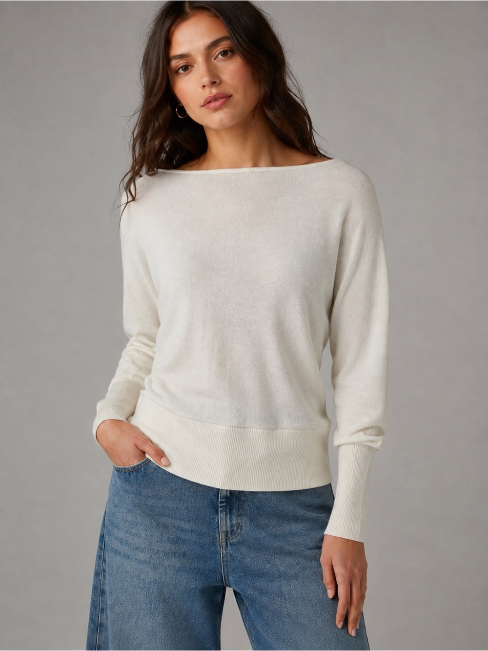 Banana Republic 100% Merino Wool Sweater L Ivory Dolman Batwing Boat Neck